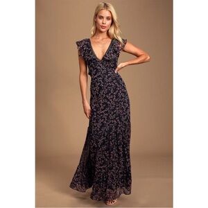 Lulu’s Darling daydream navy blue with floral and ruffles maxi dress
